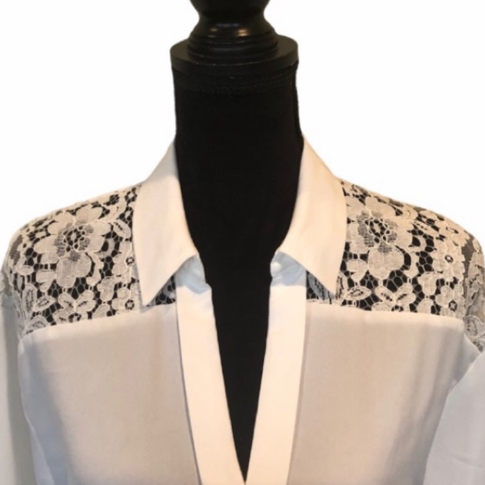 NWT Karl Lagerfeld white lace accent v neck pullover blouse 3/4 sleeve top small - Picture 4 of 8